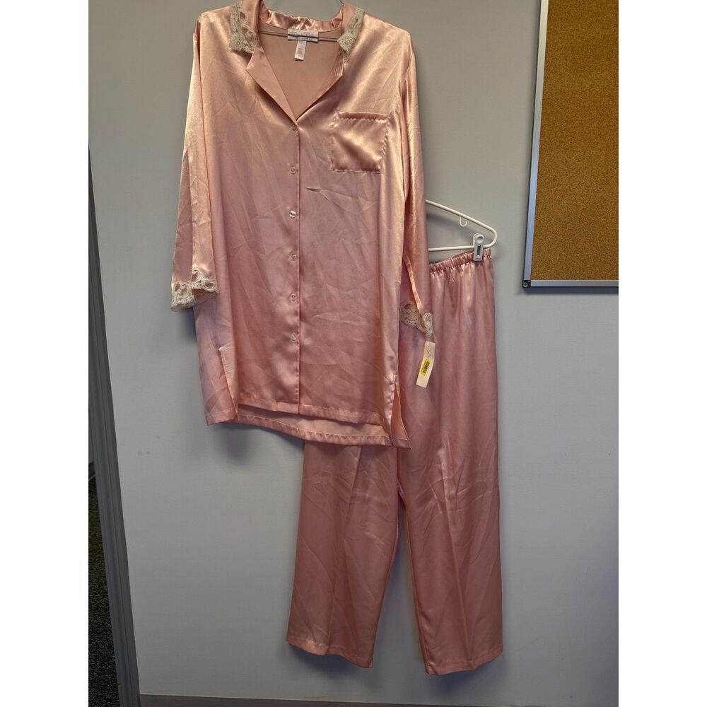 Oscar de la Renta Pink Label Satin Pajam Set Women L/XL Pink Lace Trim NWT READ